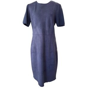 Elie Tahari Navy Blue Suede Look Sheath Dress Short Sleeve Zipper Size 12 Career